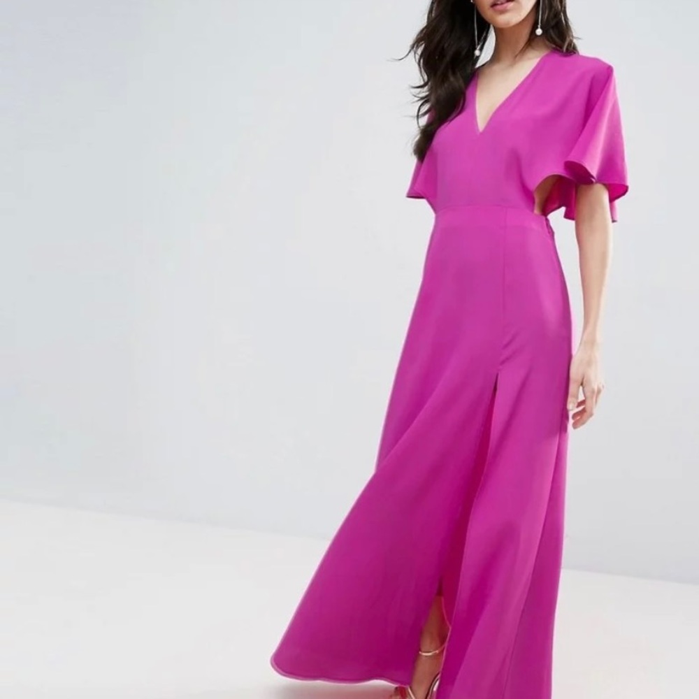 Stunning hot pink crepe kimono sleeve cutout maxi dress - vacation or party